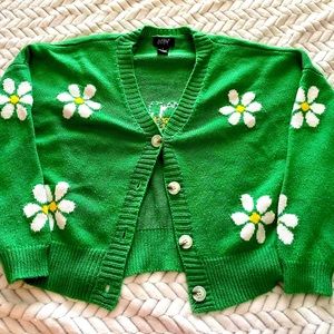 Green JUST POLLY Sweater with White Flowers Button-Up